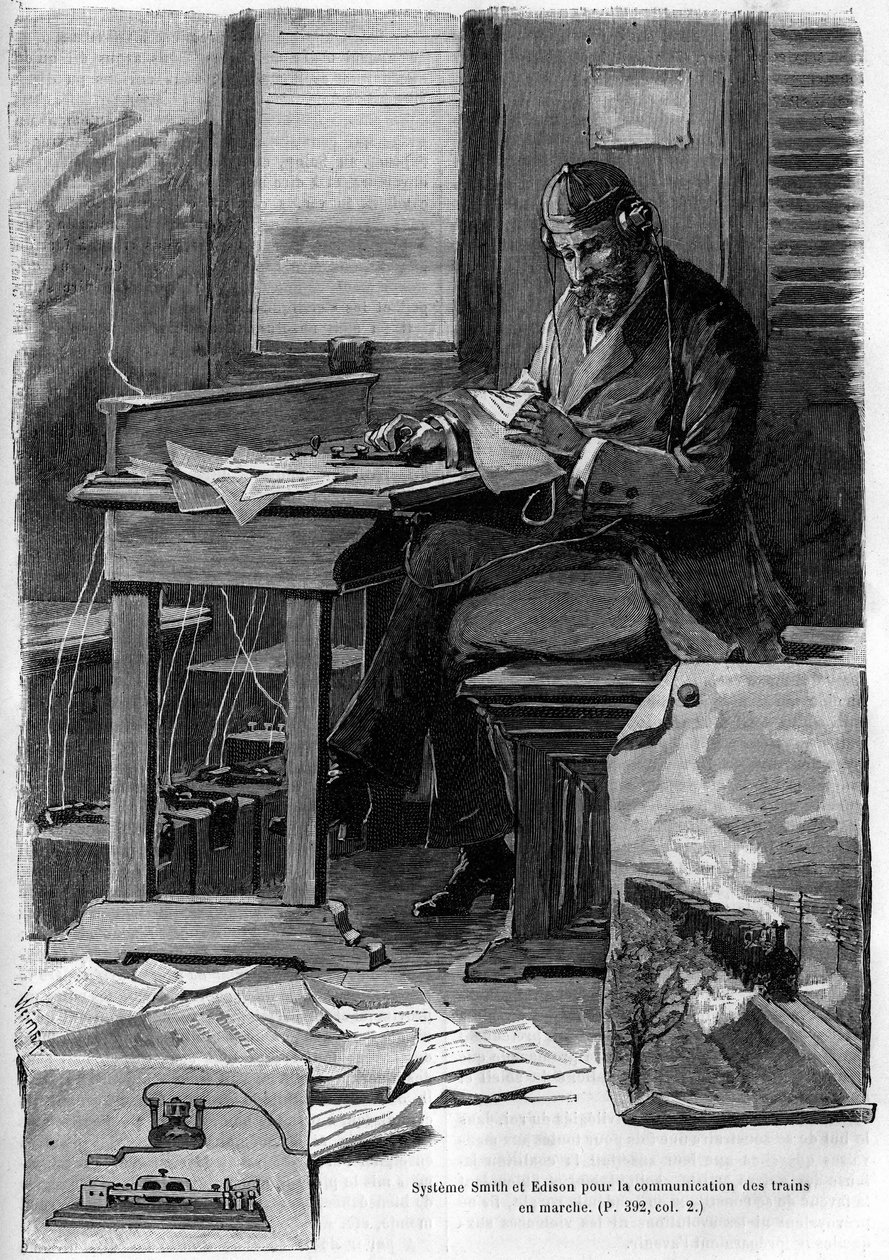 Uppfinningen av Smith och Edison-systemet för kommunikation av tåg igång. Gravyr i journalen för "" La jeunesse"" av Unknown artist