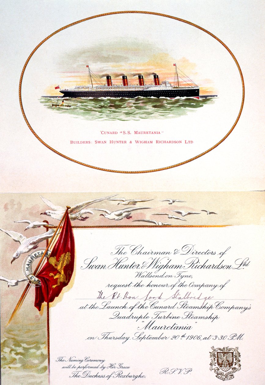 Inbjudan till Lord Stalbridge att närvara vid sjösättningen av SS Mauretania, 20 september 1906 av Unknown Artist
