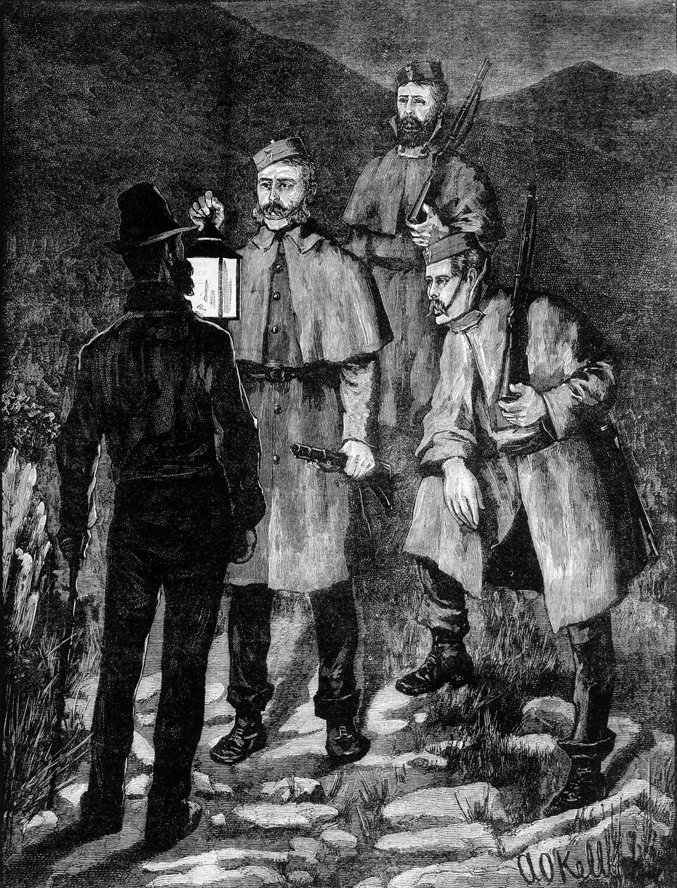Irländsk polis patrullerar som kontrollerar en misstänkt (1881). av Unknown artist