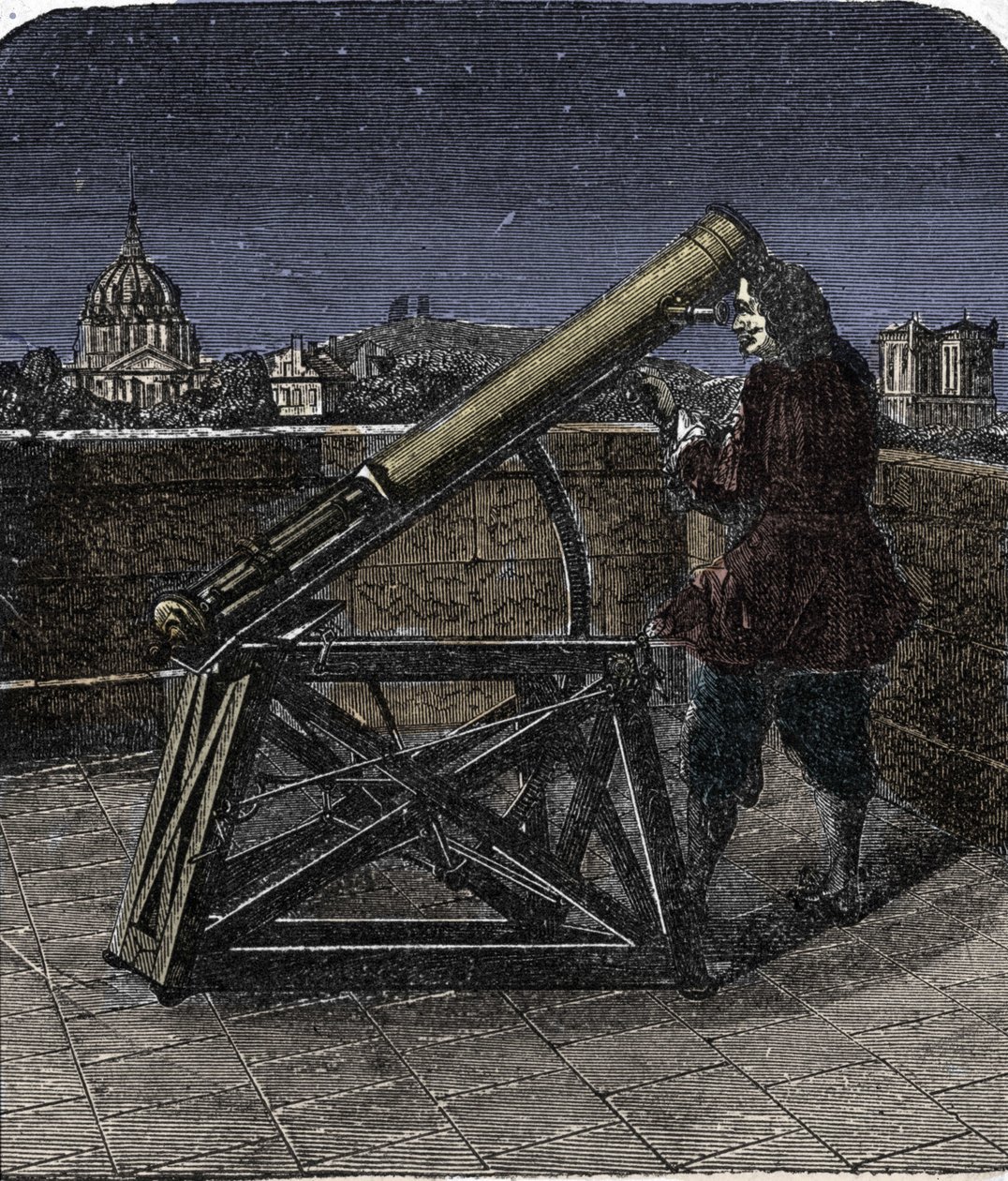 Isaac Newton (1642-1727) engelsk fysiker som använder sitt teleskop. av Unknown artist