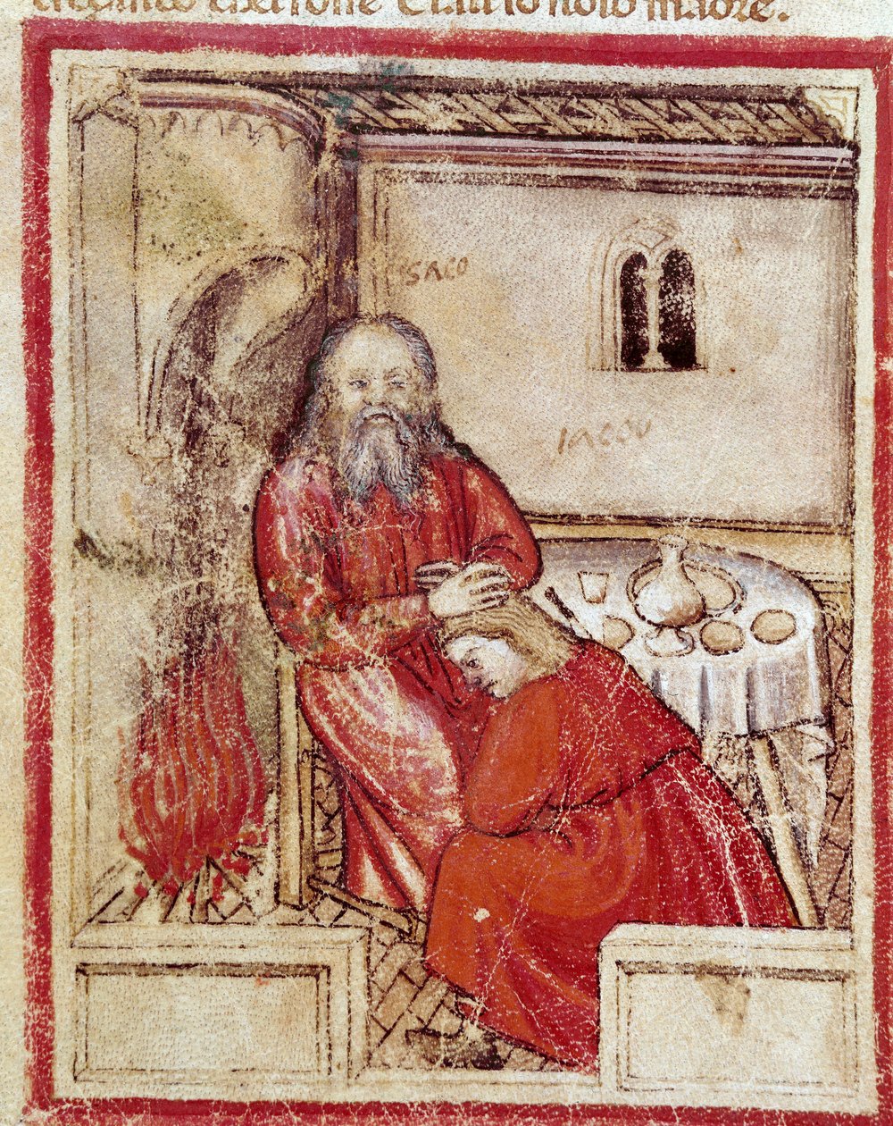 Isak efter att ha ätit ungen som hans son Jakob Beniten tog med sig i tron att det är Esau Miniature från codex 212 (eller padovano codice eller Bible of Padua) 1390-1400 Rovigo, Accademia dei Concordi av Unknown artist
