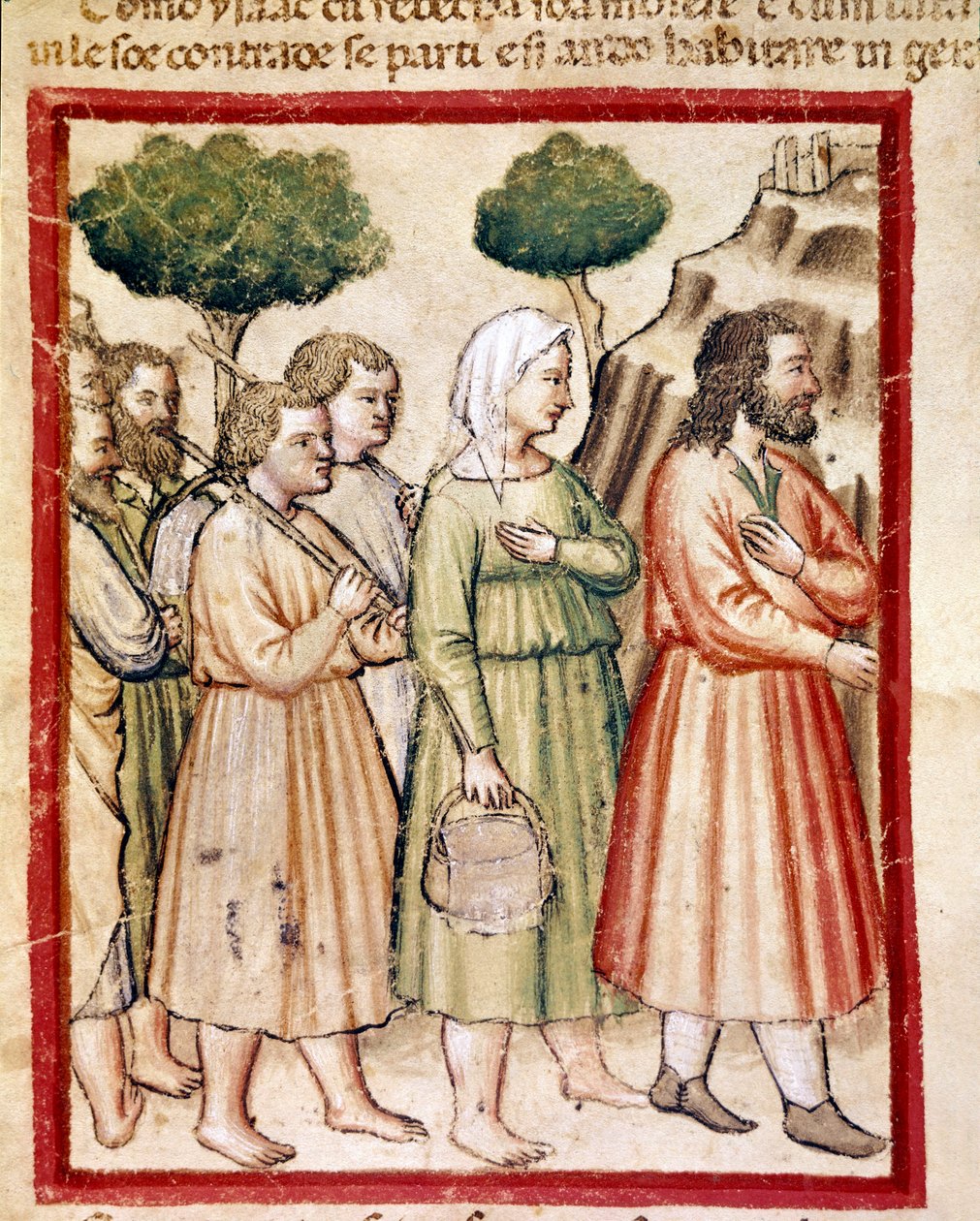 Isaac och hans familj som lider av hungersnöd emigrerar till kung Abimelechs länder Miniature från codex 212 (eller padovano codice eller Bible of Padua) 1390-1400 Rovigo, Accademia dei Concordi av Unknown artist