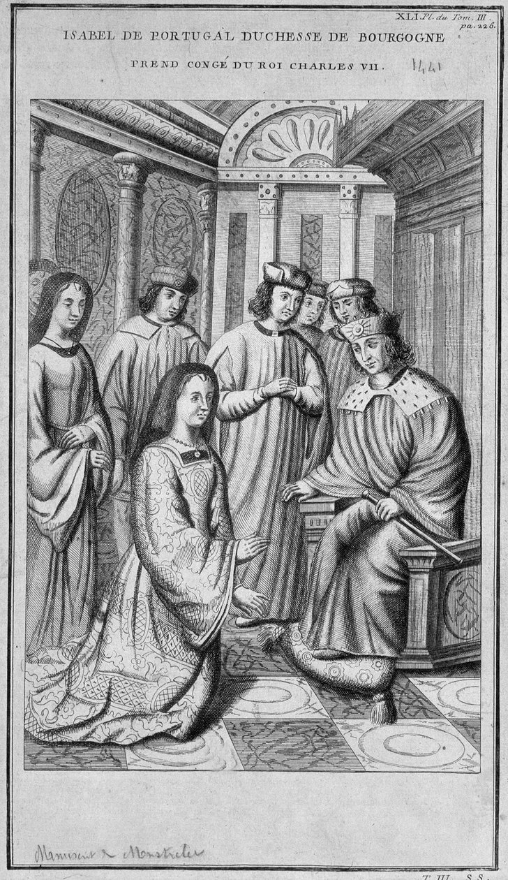 Isabella av Portugal (1397-1472) Hertiginnan av Bourgogne tar konge hård kung Karl VII. av Unknown artist