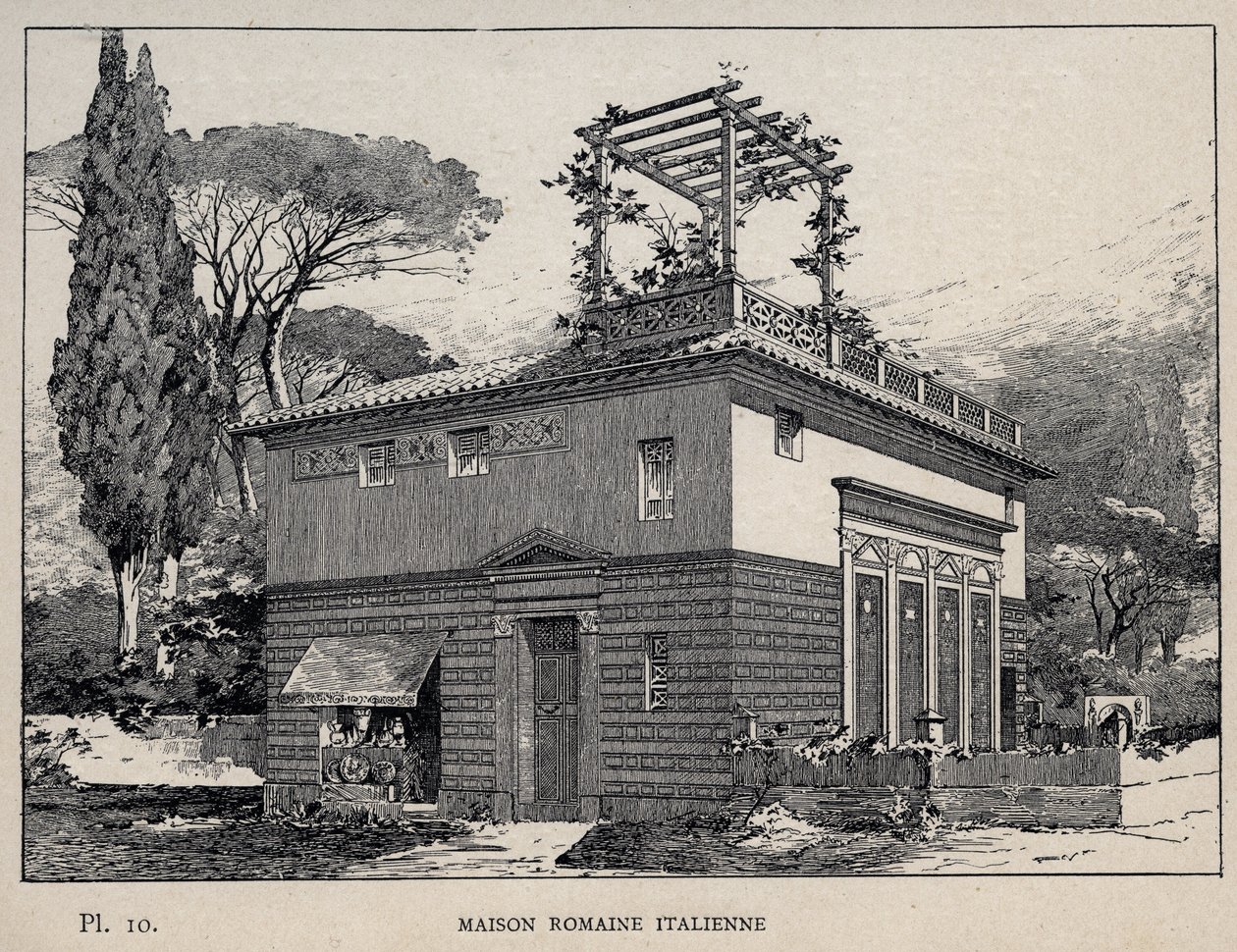 Italienskt romerskt hus - gravyr från 1889 i "History of human habitation at the Universal Exhibition of 1889, by Mr Charles GARNIER - Librairie centrale des beaux-arts Paris 1889 av Unknown artist