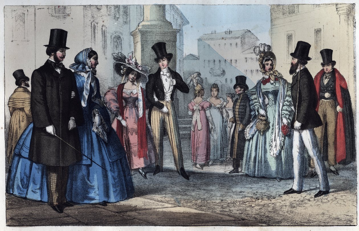 Italienskt mode på 1800-talet - gravyr från "" Användningar och seder hos alla folk i universum. Det vill säga historien om regeringen, om lagarna, om milisen, om religionen för alla nationer från de mest avlägsna tiderna till våra dagar "1856 av Unknown artist