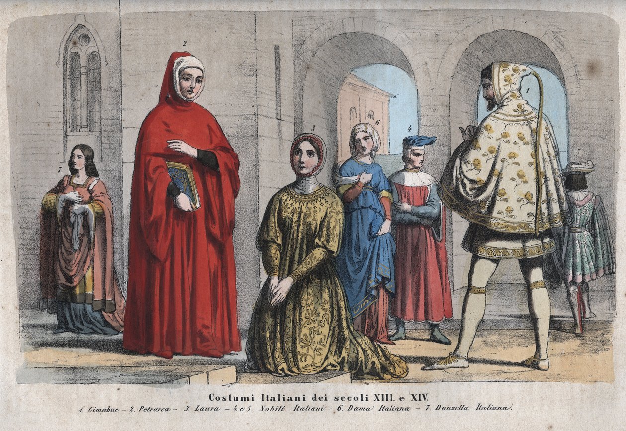 Italienskt mode från 1300- och 1400-talet - Cenni di Pepo, dit Cimabue (1240-1302) - Francesco Petrarca (Petrarch) (1304-1374) - Laura de Noves (1310-1348) - Italienska adelsmän - Italiensk kvinna - Italiensk flicka - gravyr från "" Alla seder och traditio av Unknown artist