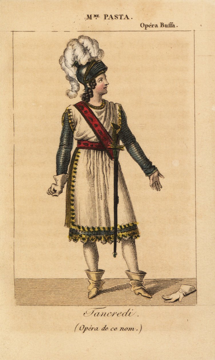 Italienska sopransångerskan Giuditta Pasta i huvudrollen som Tancredi i operan med samma namn av Gioachino Rossini framförd på Opera Buffa, Paris av Unknown artist
