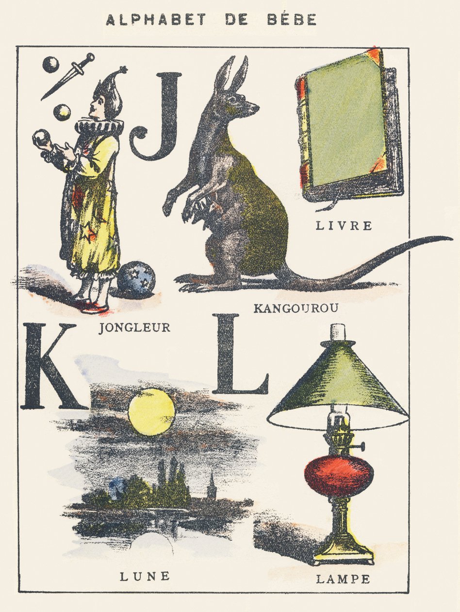 J K L: jonglör, känguru, bok, måne, lampa av Unknown artist