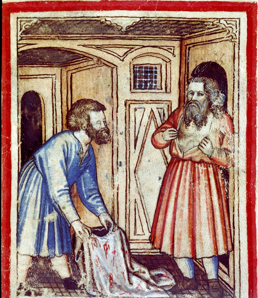 Jakob får reda på sin son Josefs död, såld av sina bröder till egyptierna Miniature från codex 212 (eller padovano codice eller Bible of Padua) 1390-1400 Rovigo, Accademia dei Concordi av Unknown artist