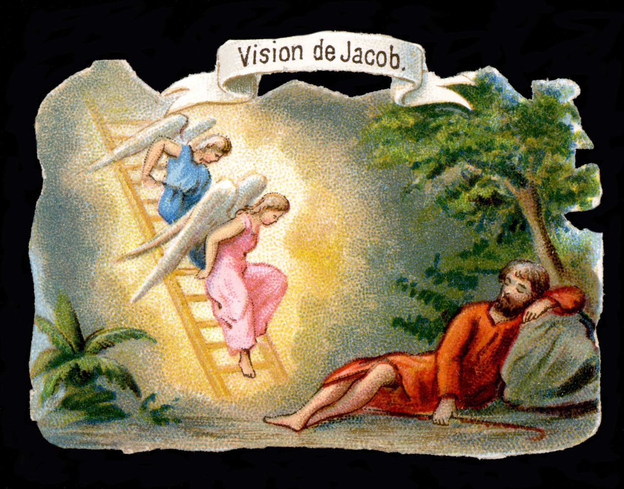 Jakobs syn representerad av änglar som stiger ner från himlen med en stege. Kromolitografi av 1800-talet. av Unknown artist