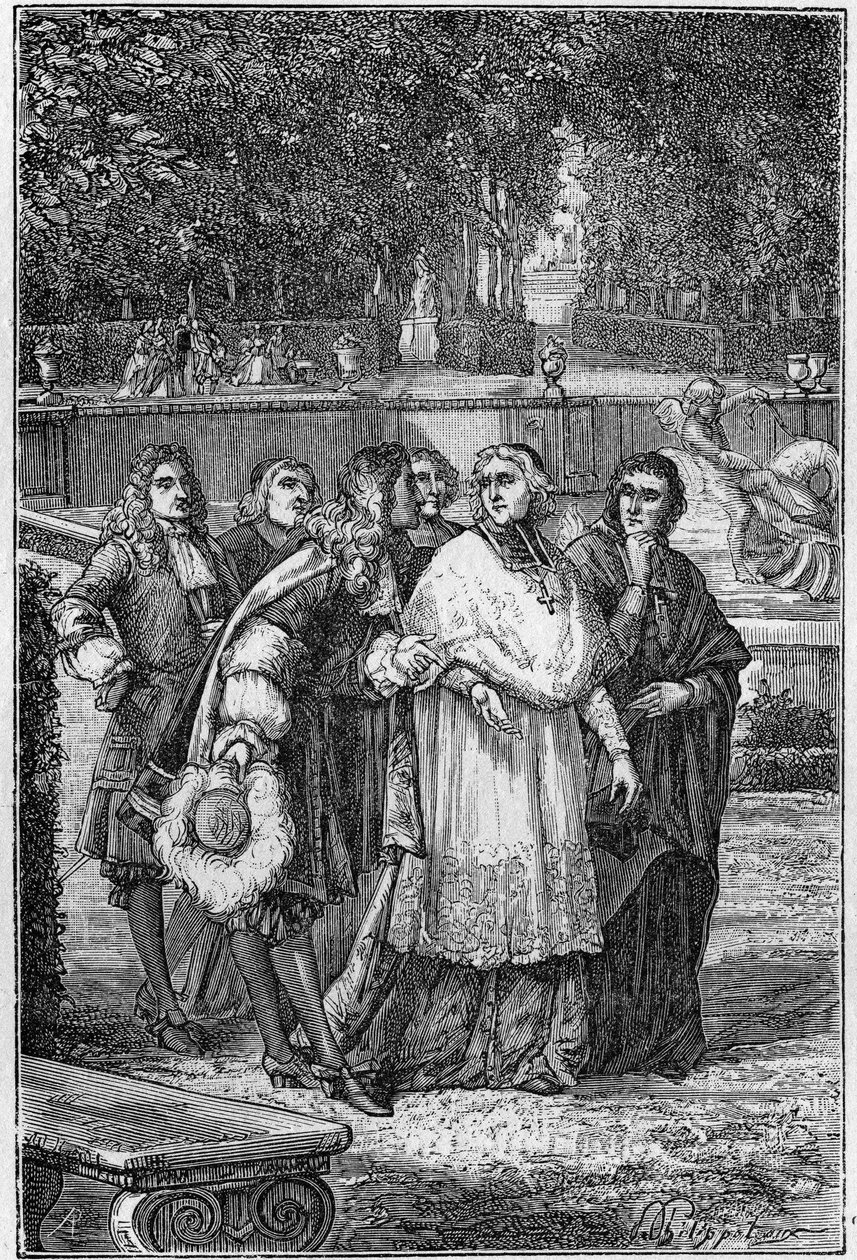 Jacques-Benigne (Jacques Benigne) Bossuet (1627-1704), fransk prelât och författare i filosofernas gränd i Versailles. Gravyr från 1800-talet. av Unknown artist