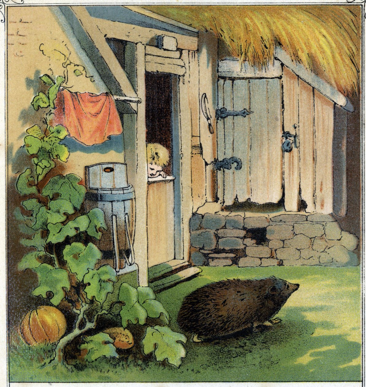 Jacques observerar en herisson som korsar gården till sitt hus. Kromolitografi från "" Scenes enfantines"", red. Guerin - Muller cirka 1885. av Unknown artist