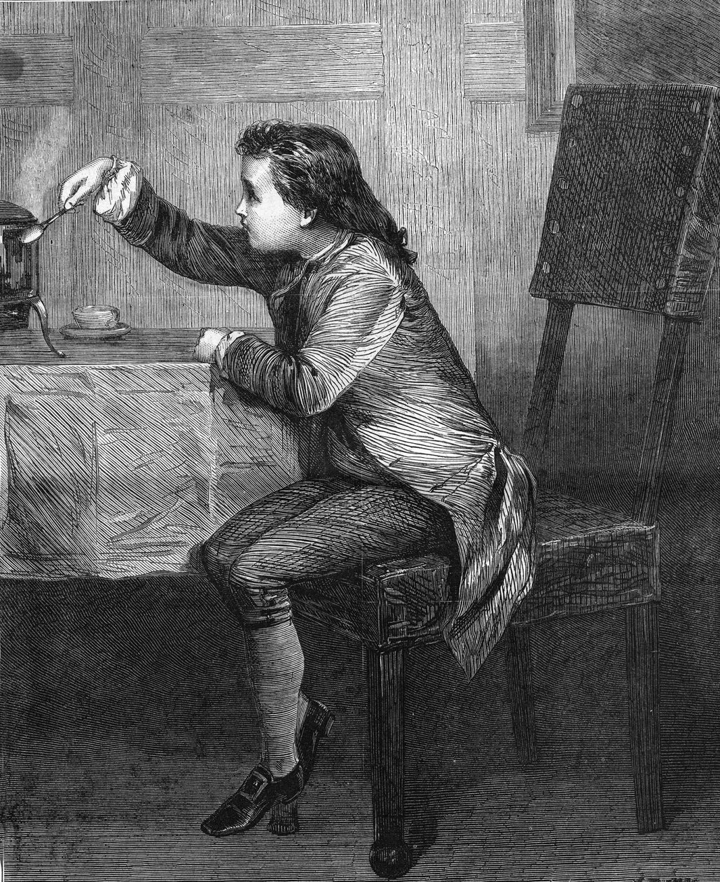 James Watt (1736-1819) barn som upptäcker ånglagarna. Gravyr från 1868 enligt målningen av Marcus Stone. av Unknown artist