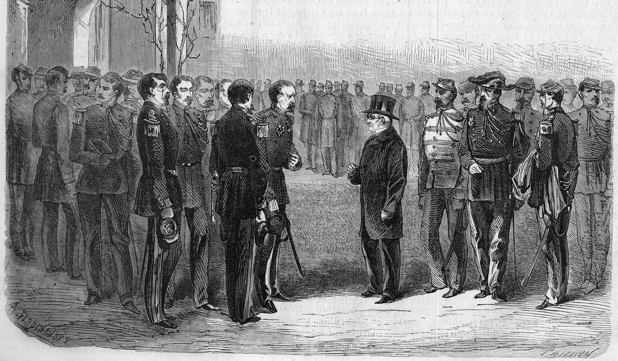 Januari 1873: Adolphe Thiers (1797-1877), fransk politiker, republikens president åtföljd av krigsministern och general Hartung besöker Ecole Polytechnique. Gravyr från 1873. av Unknown artist