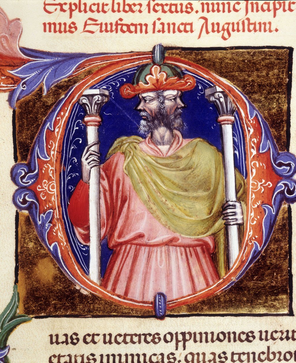 Janus, romersk gudom, två motsatta ansikten - från ett manuskript av "De civitate dei" av Saint Augustine, tidigt 1400-tal. Kommunal Bibl. av Rimini. av Unknown artist