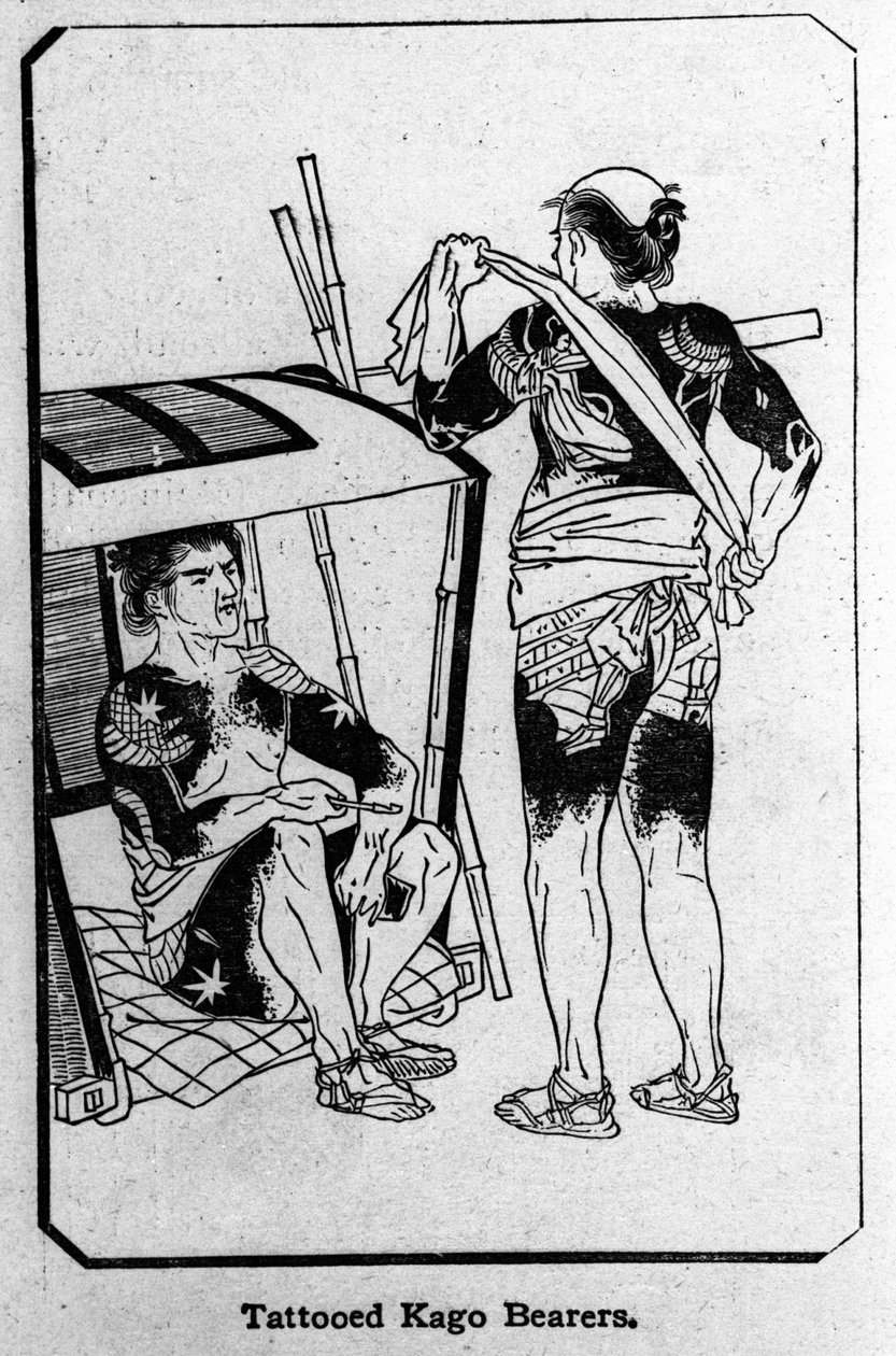 Japan. Kagobärare helt tatuerade. Teckning. av Unknown artist