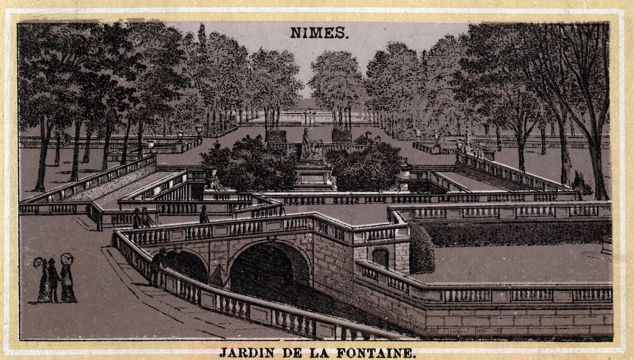 Jardin de la Fontaine i Nimes (Gard, Languedoc-Roussillon). Kromolitografi från slutet av 1800-talet. av Unknown artist