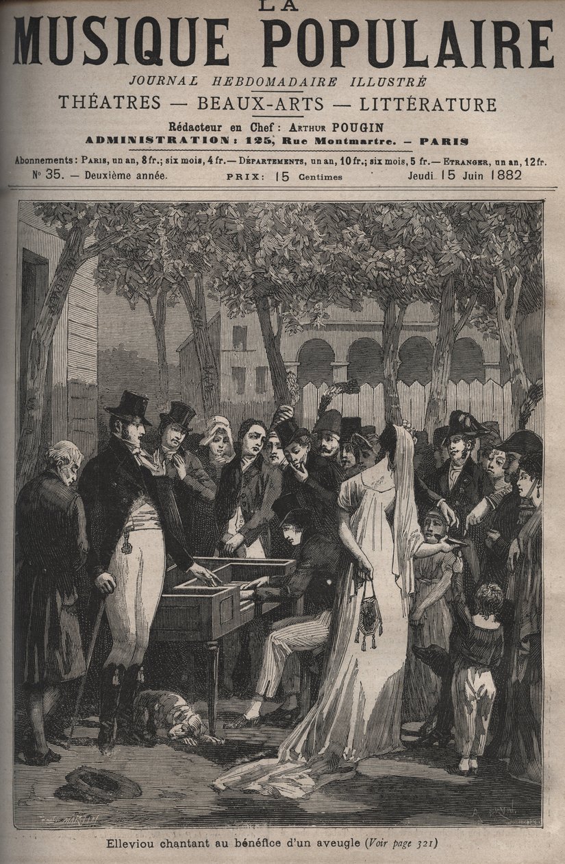 Jean Elleviou, fransk sångare, komiker och librettist (1769-1842) sjöng till förmån för en blind man 1801 på Champs-Elysees - gravering i "La musique populaire"" veckotidning berömd - 1882 av Unknown artist