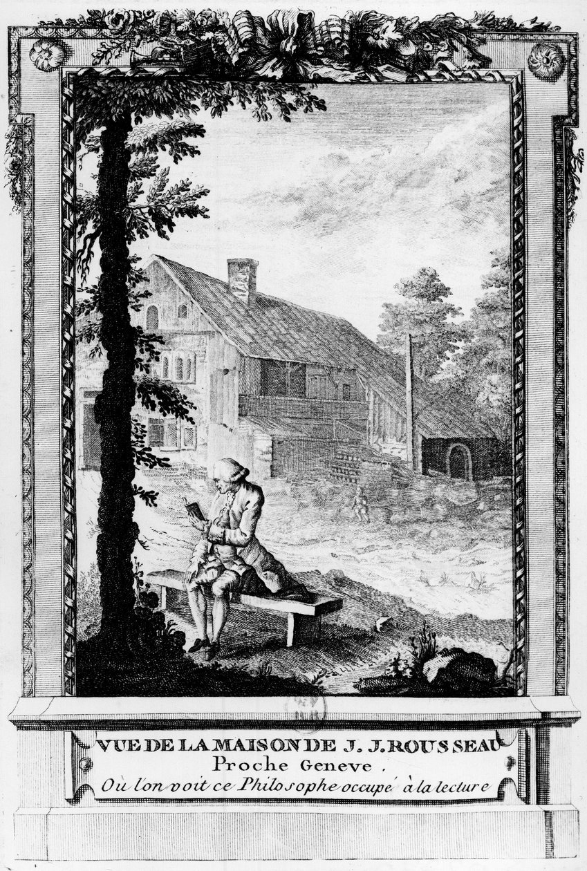 Jean Jacques Rousseau (1712-1778), fransktalande Genève-författare och filosof; sett från hans hus (nära Genève). av Unknown artist