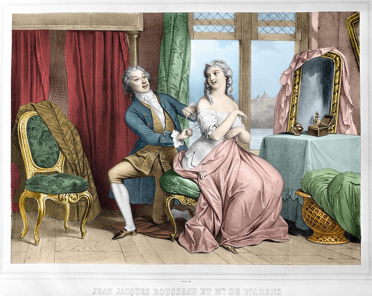 Jean Jacques Rousseau (1712 - 1778) och Madame de Warens (1700 - 1762). av Unknown artist