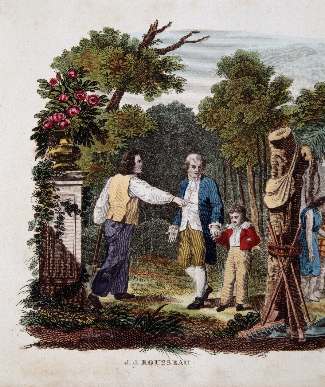 Jean Jacques Rousseau med ett barn, avskalad av en bonde av Unknown artist