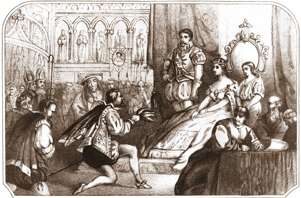 Jean Nicot presenterar tobaksplantan för Catherine de Medicis (Caterina de Medici) och Grand Prior i House of Lorraine. Litografi från 1500-talet omkring 1868. av Unknown artist