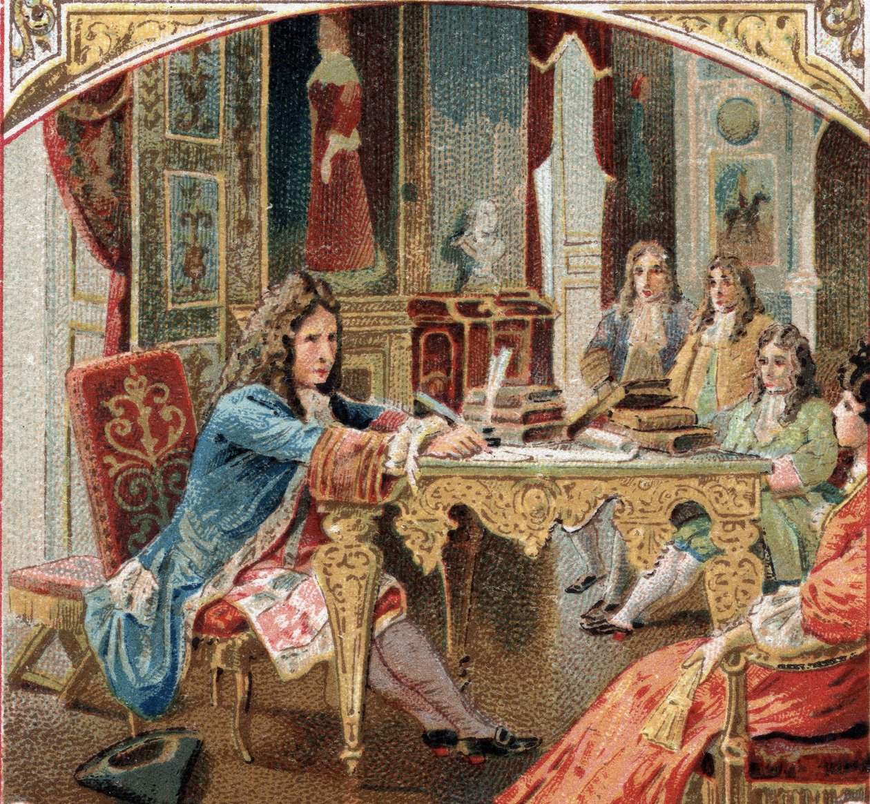 Jean Racine (1639-1699) komponent "Esther" och "Athalie" på Maintenon Castle. Kromolitografi från slutet av 1800-talet av Unknown artist