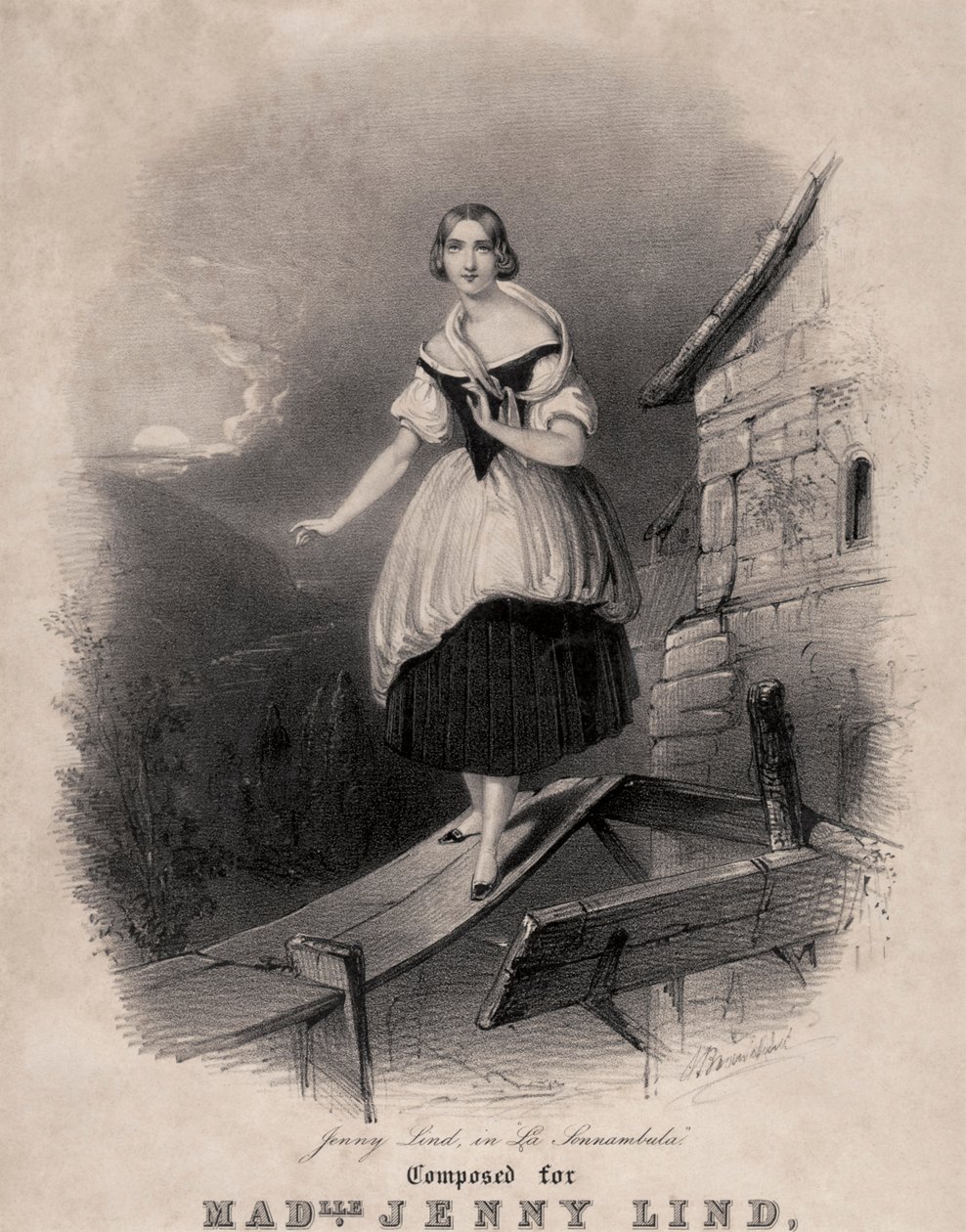 Jenny Lind, svensk sopran, i sömngångsscenen i Bellinis La sonnambula av Unknown