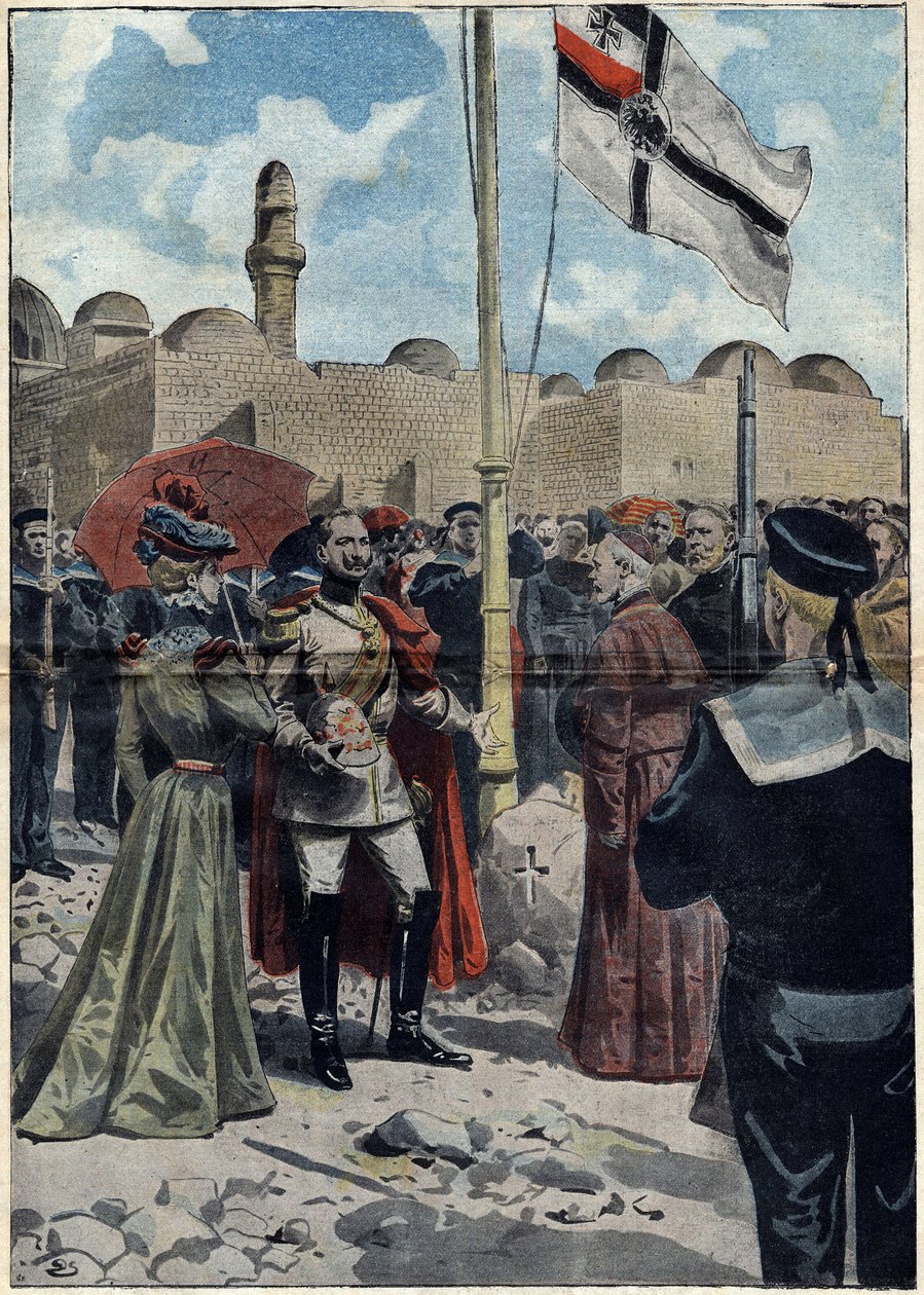 Jerusalem - Alla helgon 1898: Vilhelm II (1859-1941), kejsare av Tyskland och kung av Preussen, tar "dormitionens land" i besittning, nära Cenacle, för sina katolska undersåtar, före Monsignor Luigi Piavi, patriark av Jerusalem . Illustration i av Unknown artist