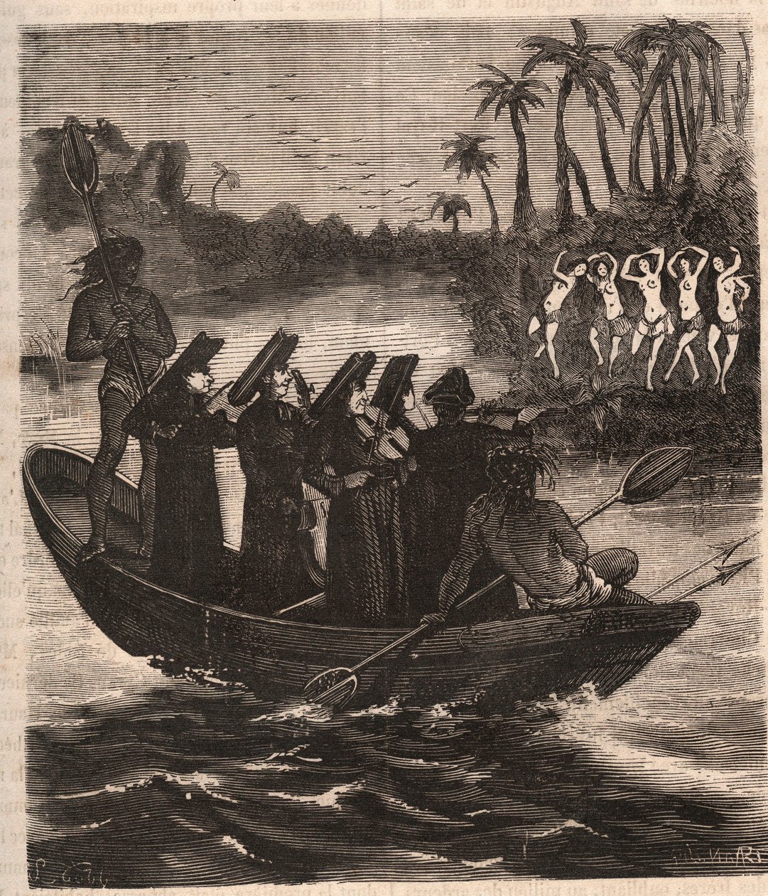 Jesuitmissionärer anländer med båt bland Guarani-indianerna i Paraguay 1553 - Gravyr från 1879 i "History of Secrete, Political and Religious Societes" av Pierre Zaccone (1817-1895) av Unknown artist