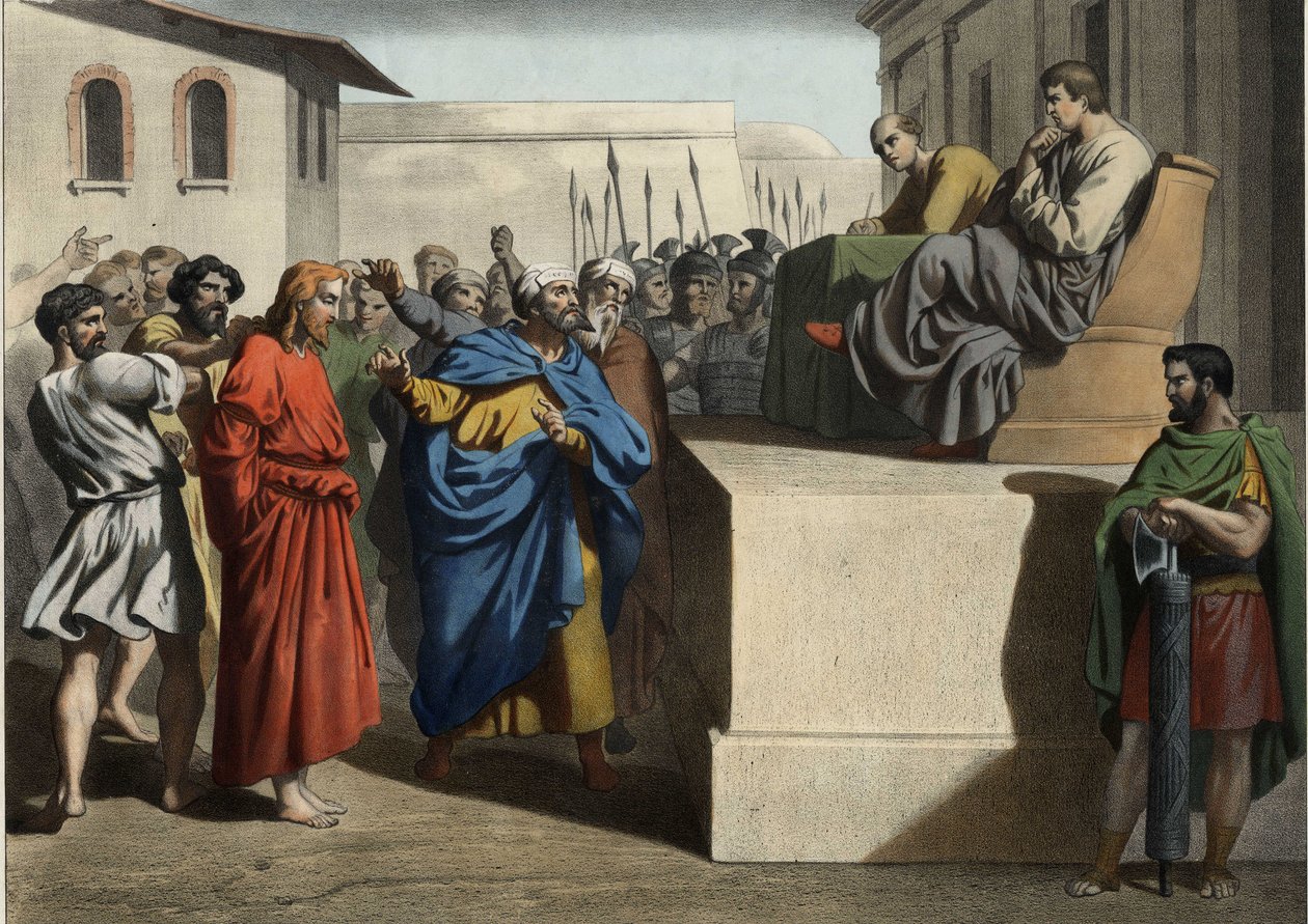 Jesus Kristus före Pontius Pilatus (Pontius Pilatus). Anonym gravyr från mitten av 1800-talet. av Unknown artist