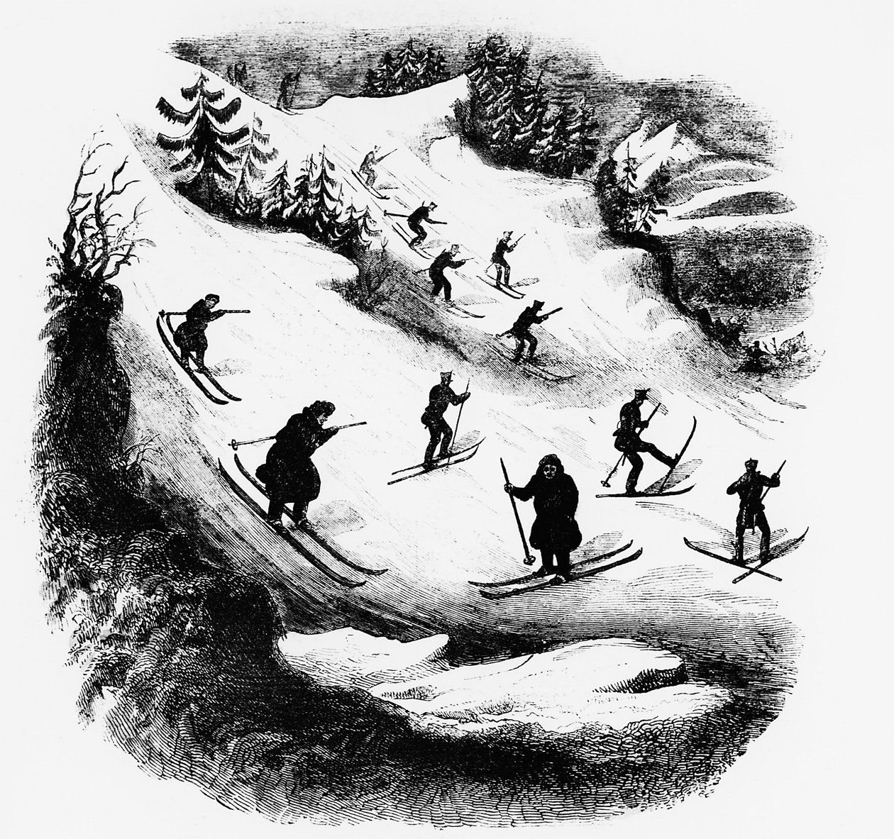 Jeux du Nord: skidåkare nerför ett spår - gravyr, sent 1800-tal. av Unknown artist