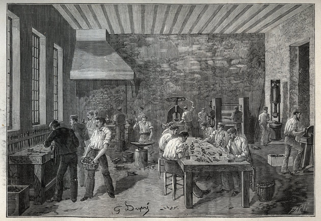 Smycken: smyckesfabrik i stål. Gravyr från 1885 i "" Les arts et metiers illustres"" av Adolphe BITARD. av Unknown artist