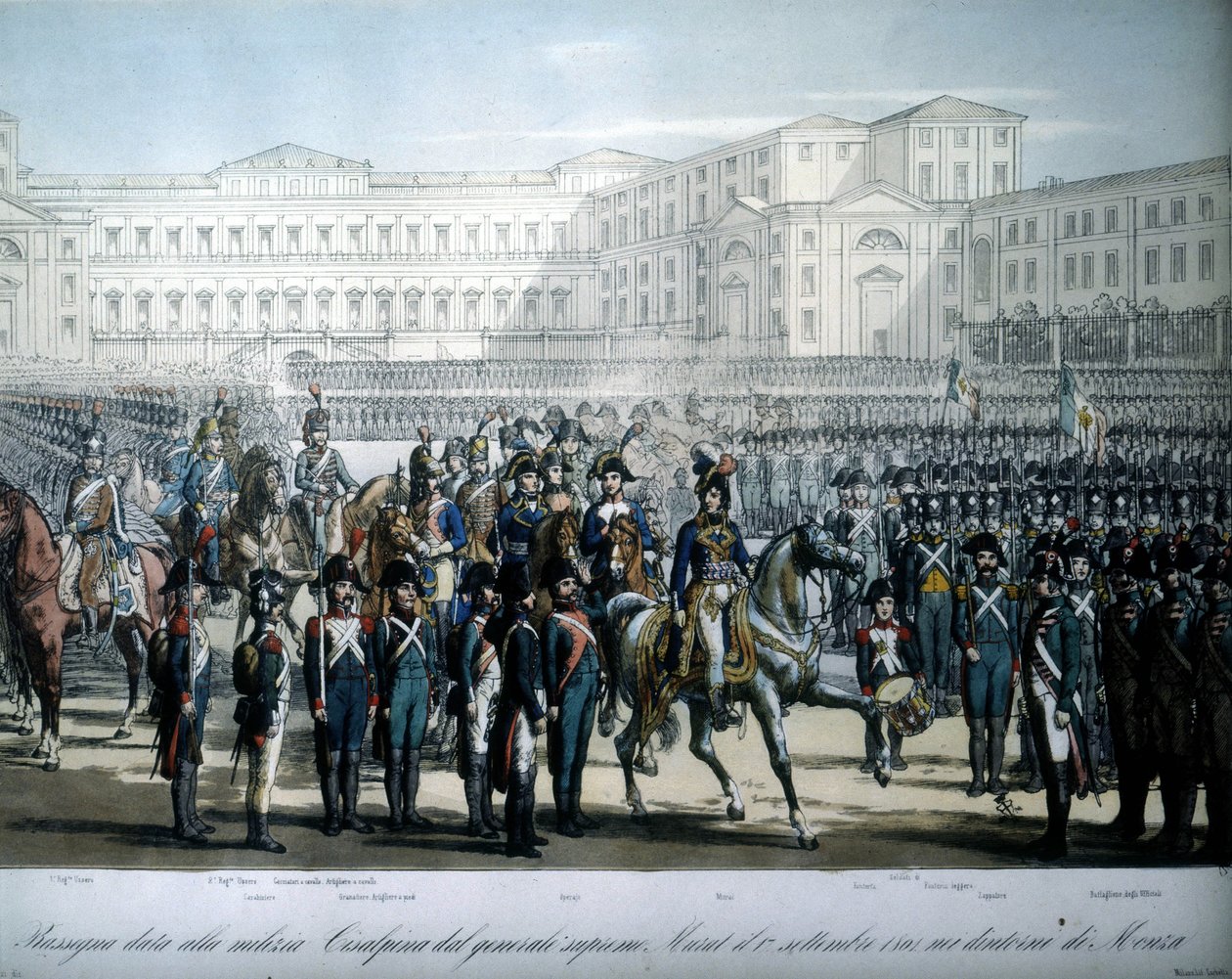 Joachim Murat (1767-1815), utsedd till marskalk av Frankrike och kung av Neapel av Napoleon, granskar den cisalpina republikens trupper av Unknown artist
