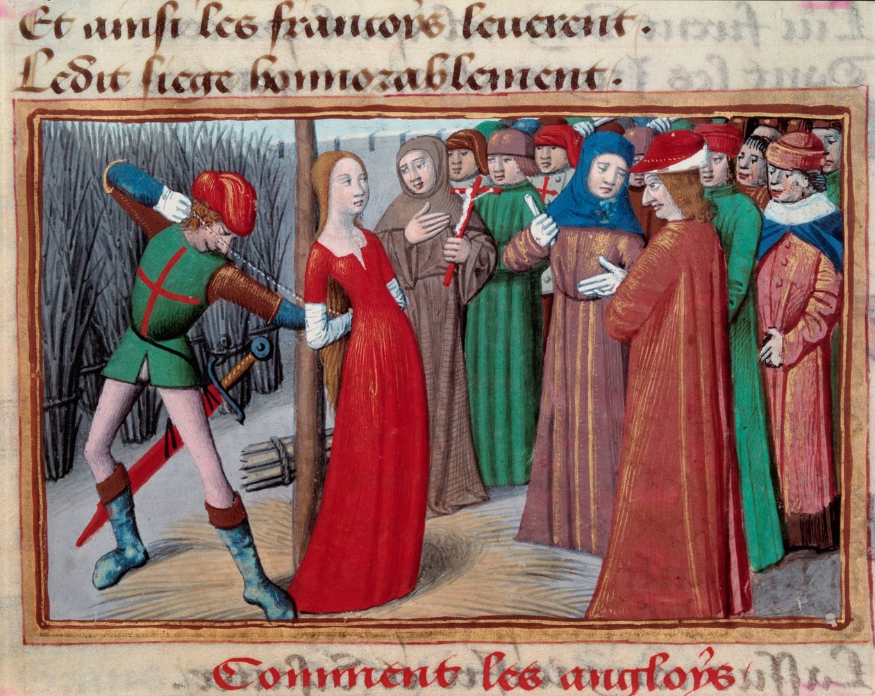 Joan of bow (1412 -1431), installerad på slaktaren. Miniatyr från manuskriptet av "" Vigilles du roi Charles VII"" av Martial d