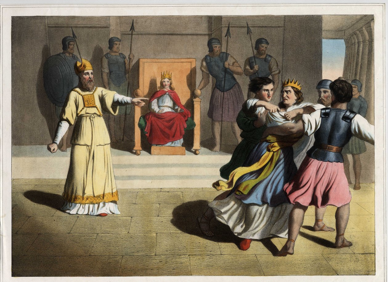 Joash (Jehoash) jagade ut från tronen och beordrade drottning Ataljas död med hjälp av prästerna och blev därmed kung av Juda. Anonym gravyr från mitten av 1800-talet. av Unknown artist