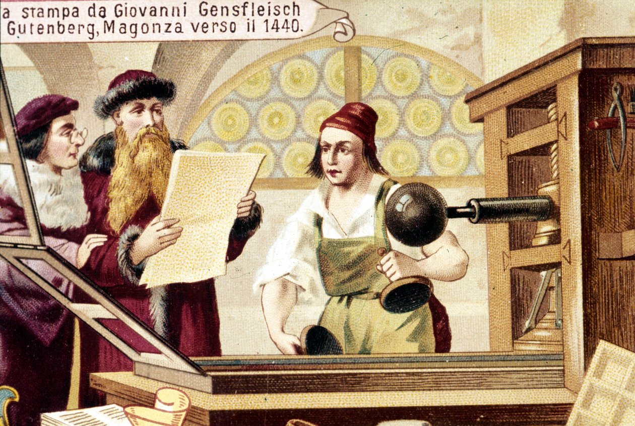 Johannes Gensfleisch Gutenberg (1400-1468). ca 1440. 1800-talets kromolitografi. av Unknown artist