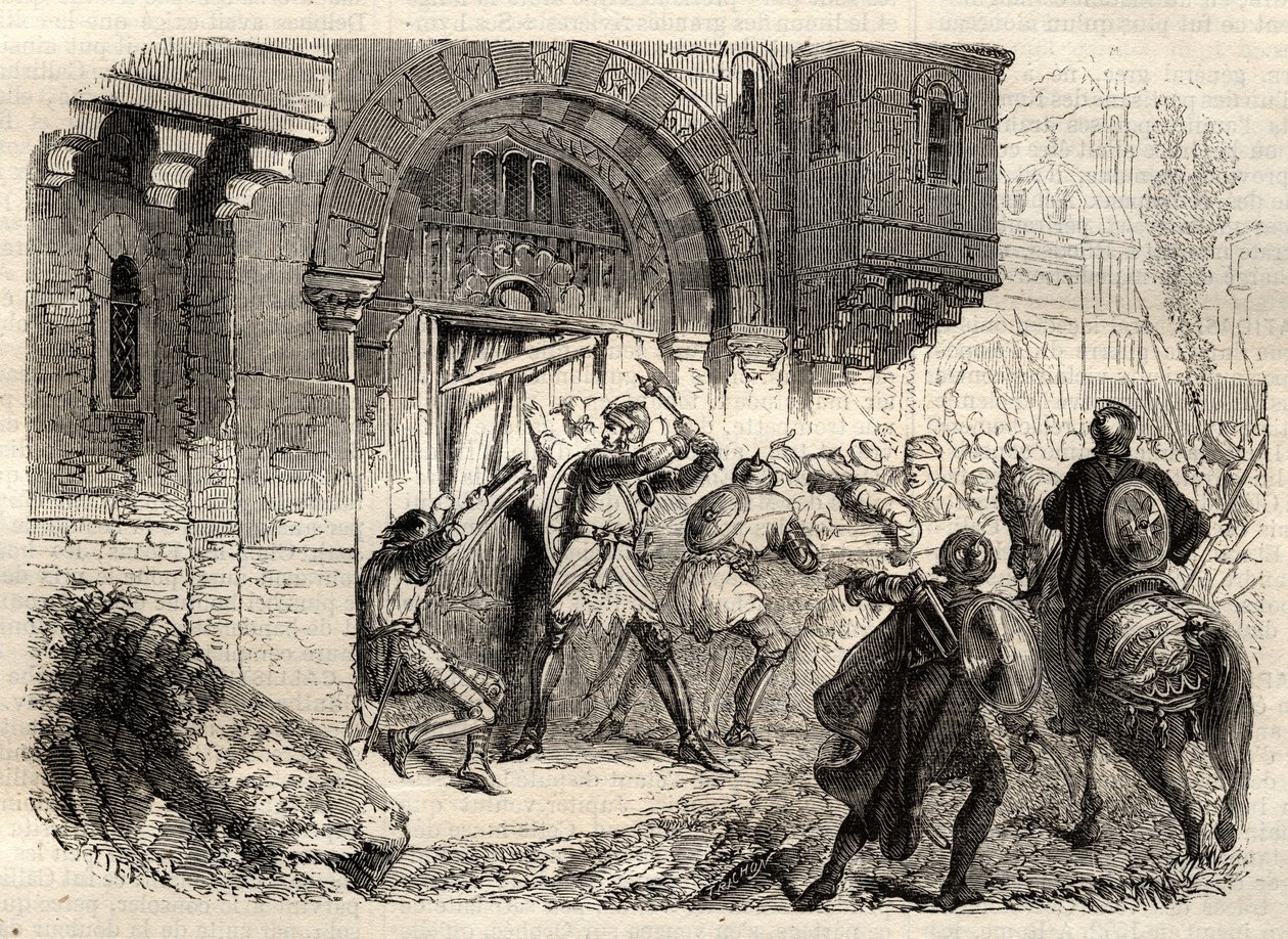 Johannes II Comnenus, bysantinsk kejsare - Kejsaren Johannes II Comnene (1087-1143) i spetsen för grekerna som körde dörren till sitt palats i Konstantinopel - gravyr i "" Illustrous Popular Dictionary"" - 1864 - av Joseph Decembre och Edmond Allonier - av Unknown artist