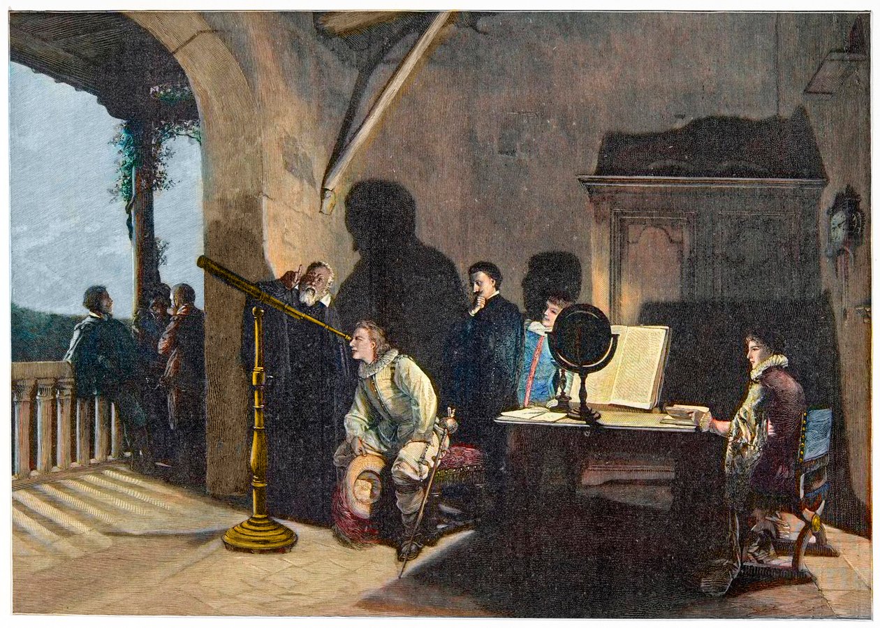 John Milton (1608-1674) besökte Galileo Galilei under Miltons italienska turné 1638-1639. gravyr av Unknown artist