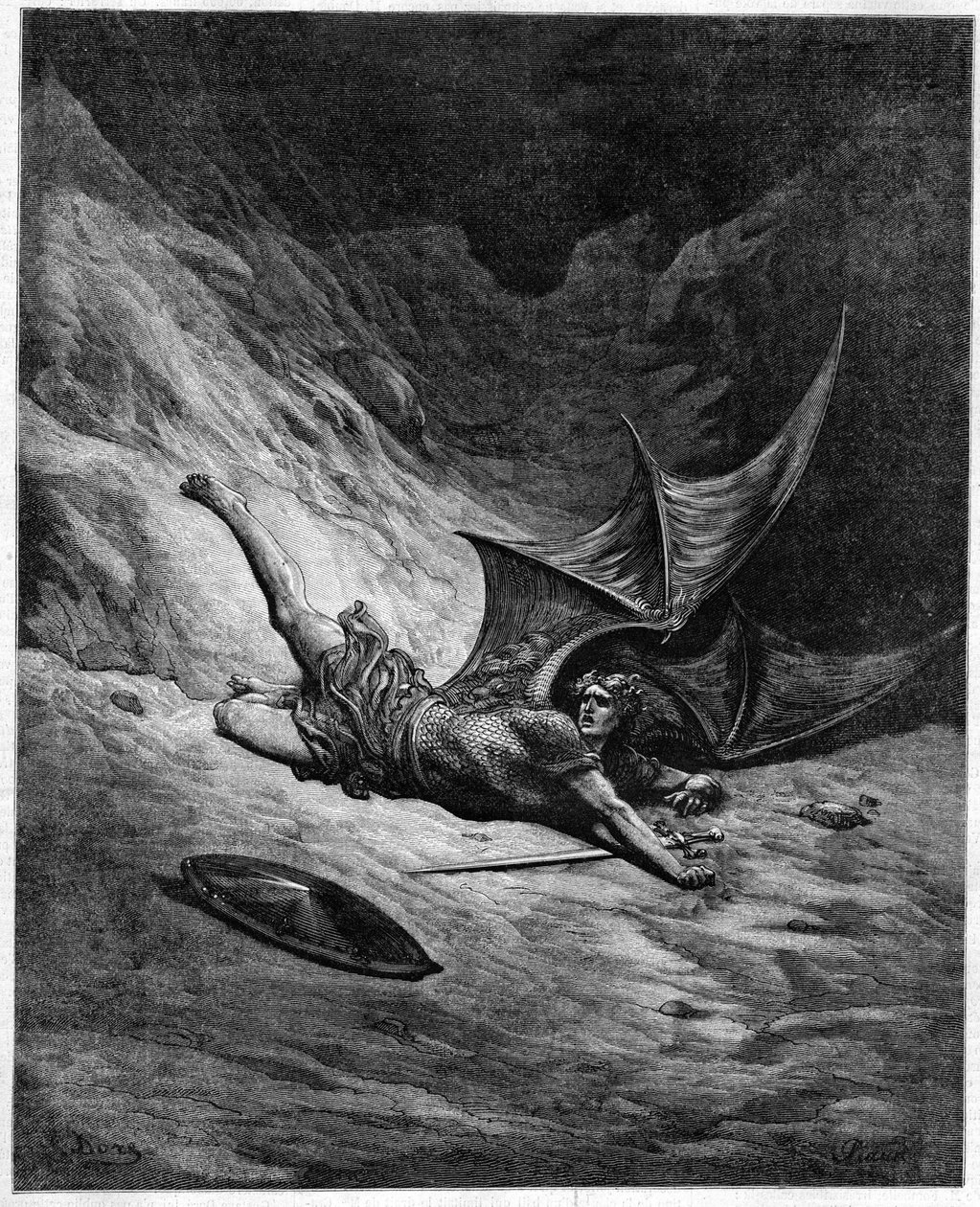 John Miltons förlorade paradis (1608-1674). Satan rusade in i abimen. Illustration av Gustave Doré. av Unknown artist