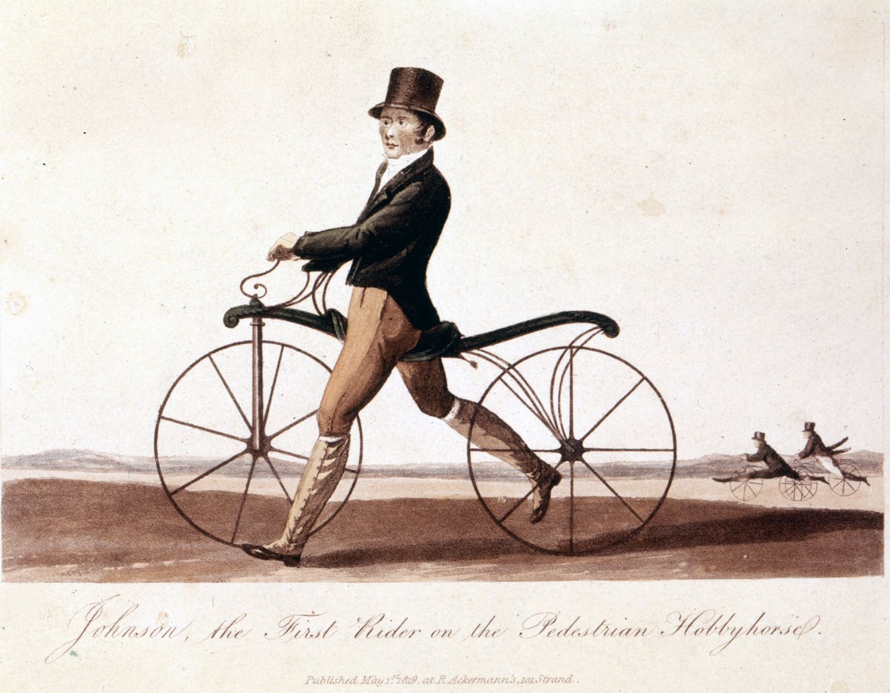 Johnson på cykel. Detta är modellen som uppfanns av Baron von Drais: Draisienne. Den var gjord av trä och det fanns inga pedaler än. Färglitografi från 1819 av Unknown artist