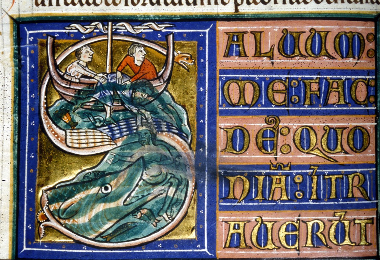 Jona kastas i havet och slukas av en enorm fisk. 1300-talsmanuskript. Kommunal Bibl. av Vercelli. av Unknown artist