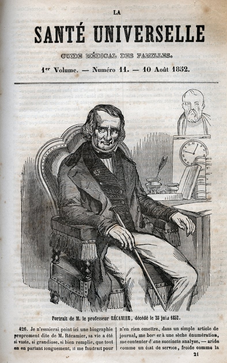 Joseph Claude Anthelme Recamier (1774-1852), fransk kirurg - gravyr i "La Sante Universelle - Guide Medical des Familles"" 1852 av Unknown artist