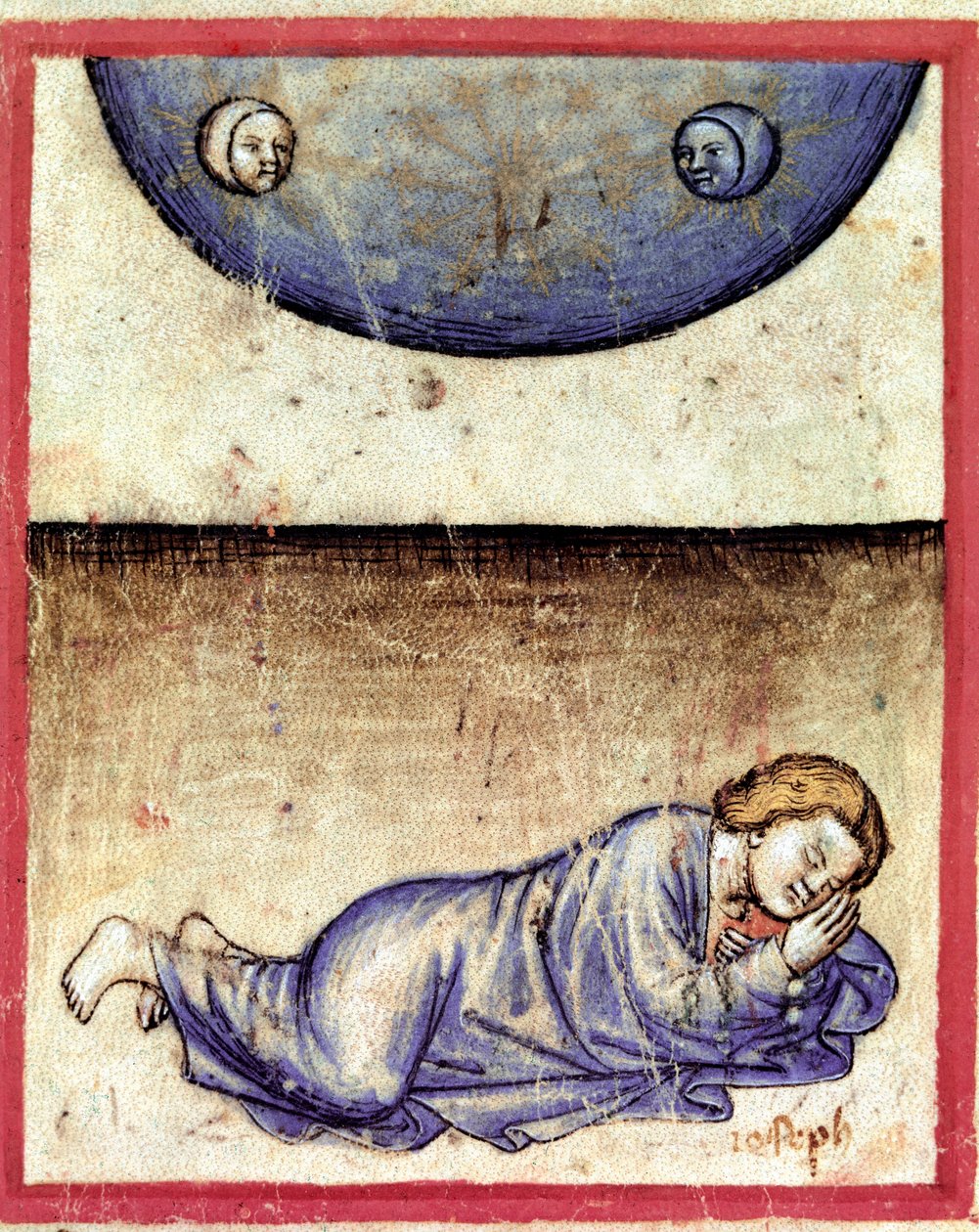 Joseph drömde att solen, månen och elva stjärnor sänkte sig framför honom Miniatyr från codex 212 (eller padovano codice eller Bible of Padua) 1390-1400 Rovigo, Accademia dei Concordi av Unknown artist