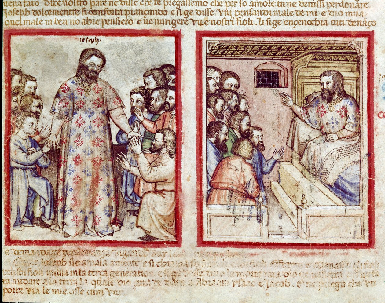 Joseph allvarligt sjuk vid en ålder av 110 förlåter sina bröder som prostrerar för honom Miniatyr från codex 212 (eller padovano codice eller Bible of Padua) 1390-1400 Rovigo, Accademia dei Concordi av Unknown artist