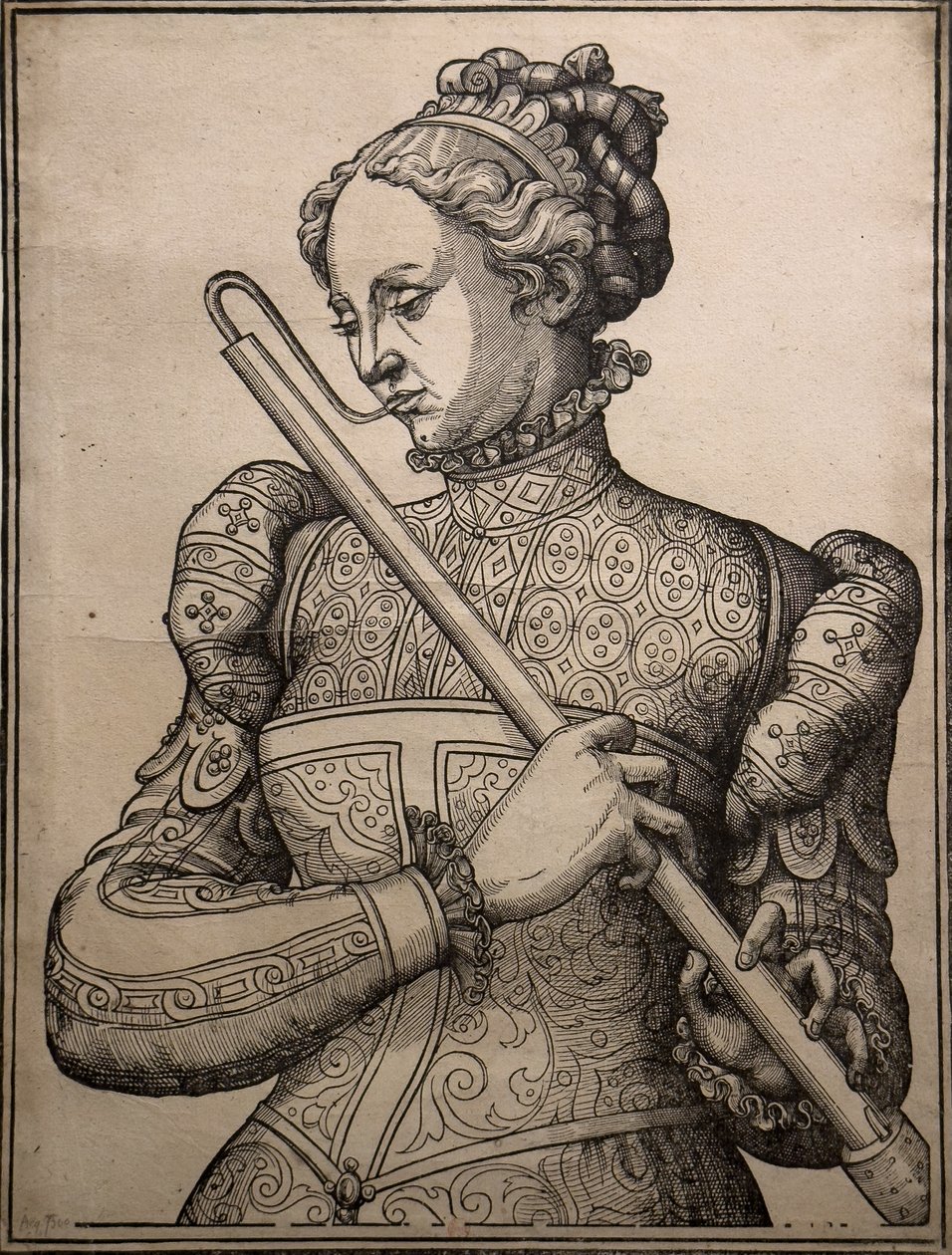 Douçaine-spelare, cirka 1560 (Trägravyr) av Unknown artist