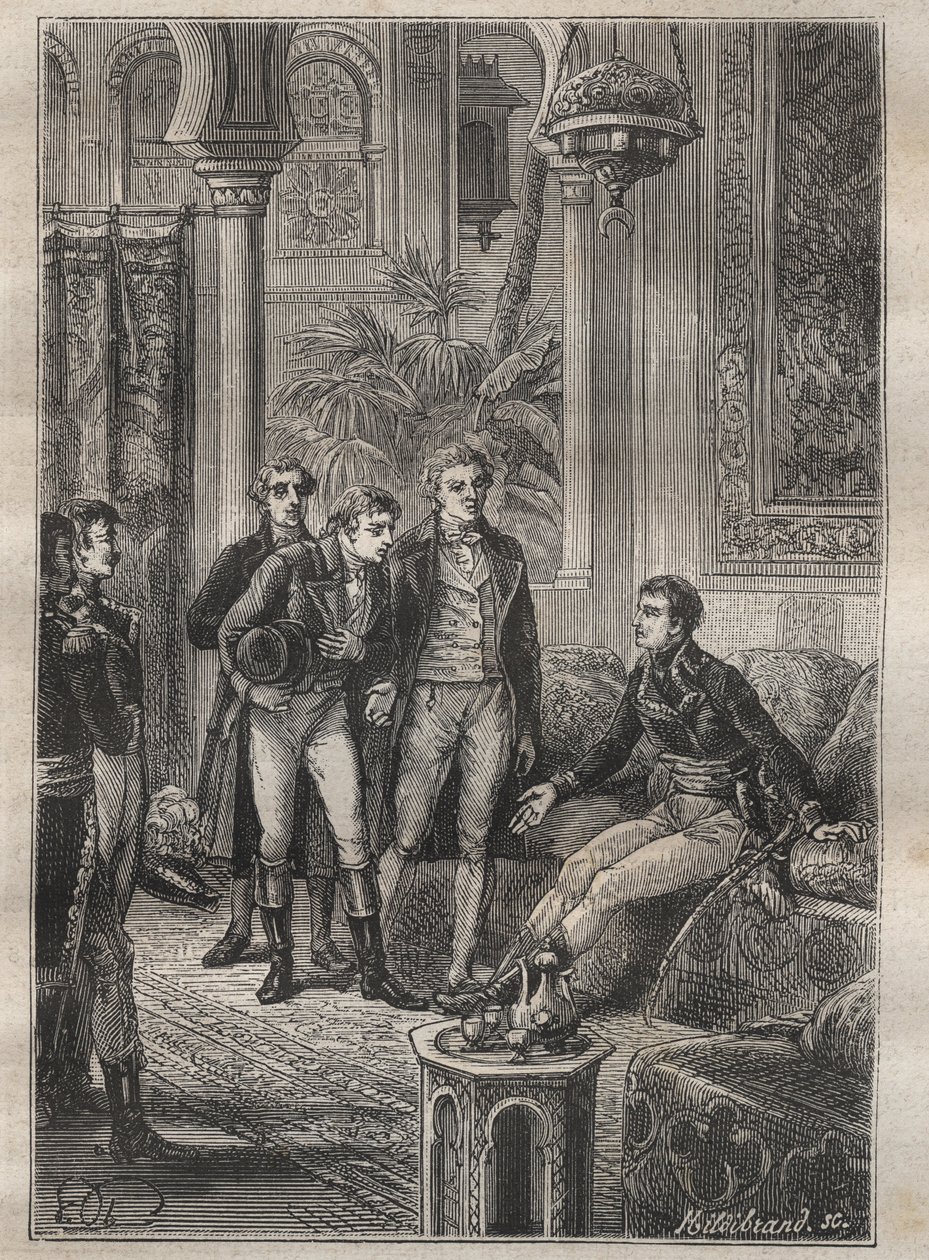 Resa (1798) av Frederic Conrad (Konrad) Hornemann (1772-1801) till Fezzan (Libyen): Hornemann välkomnas av Bonaparte i Kairo (Egypten) - illustration från "The Great Mariners of the 18th century"" av Unknown artist