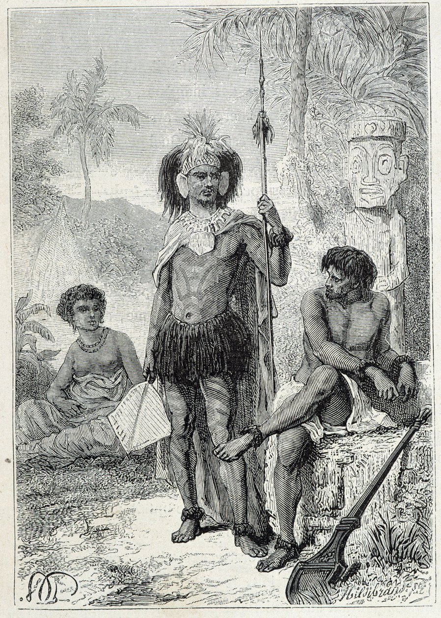 Journey of Captain James Cook (1728-1779): infödingarna på Marquesasöarna - illustration hämtad från "The Great Mariners of the 18th century"" av Unknown artist