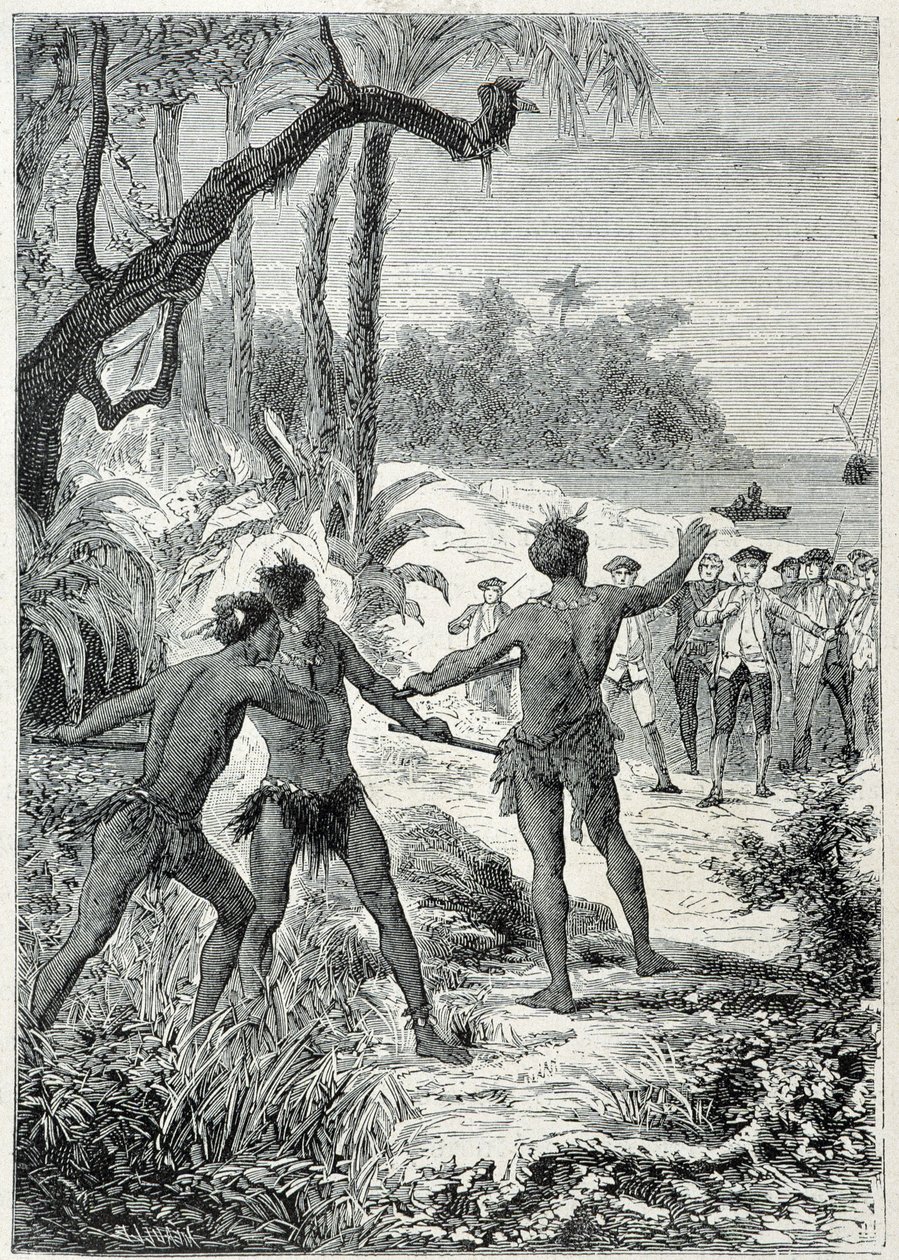 Kapten James Cooks (1728-1779) resa till Nya Guinee: det första mötet med de infödda, illustration hämtad från "The Great Mariners of the 18th century"" av Unknown artist