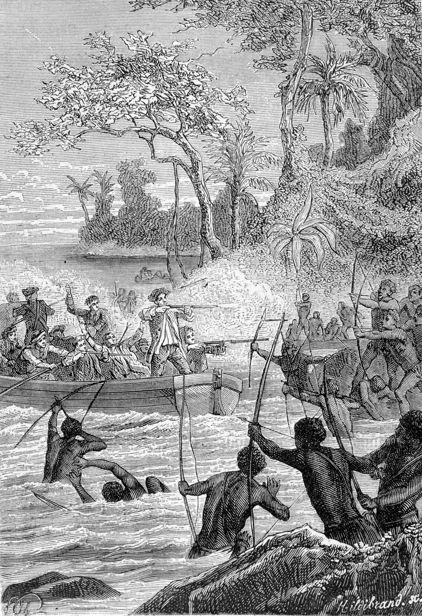 Resan av Carteret i Ils of Santa Cruz, inte till ön Nendo (Santa Cruz, Ndeni, Nitendi eller till och med Ndende): Attack av de infödda med pilarnas slag - illustration hämtad från "The Great Mariners of the 18th century" ” av Unknown artist